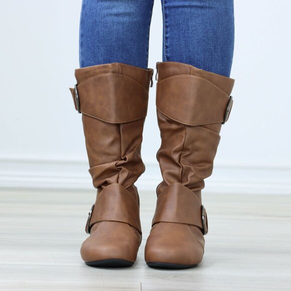 Flat Mid Calf Boots Synthetic Leather Buckles Round Toe Womens Casual Tan - Picture 8 of 16